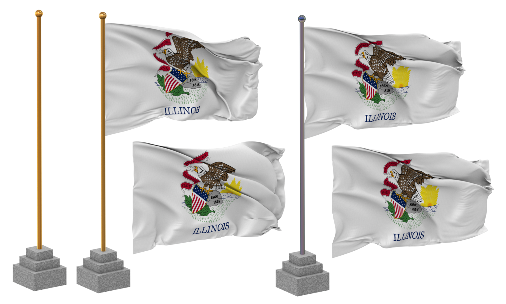 State of Illinois Flag Waving, Stand, Pole, Isolated, 3d illustration, 3d rendering, Flag, Golden, png