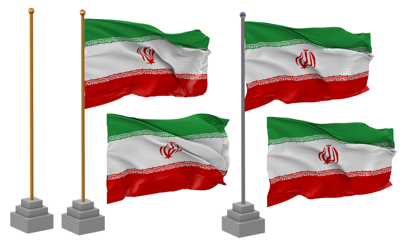 Iran Flag Waving Different Style With Stand Pole Isolated, 3D Rendering png