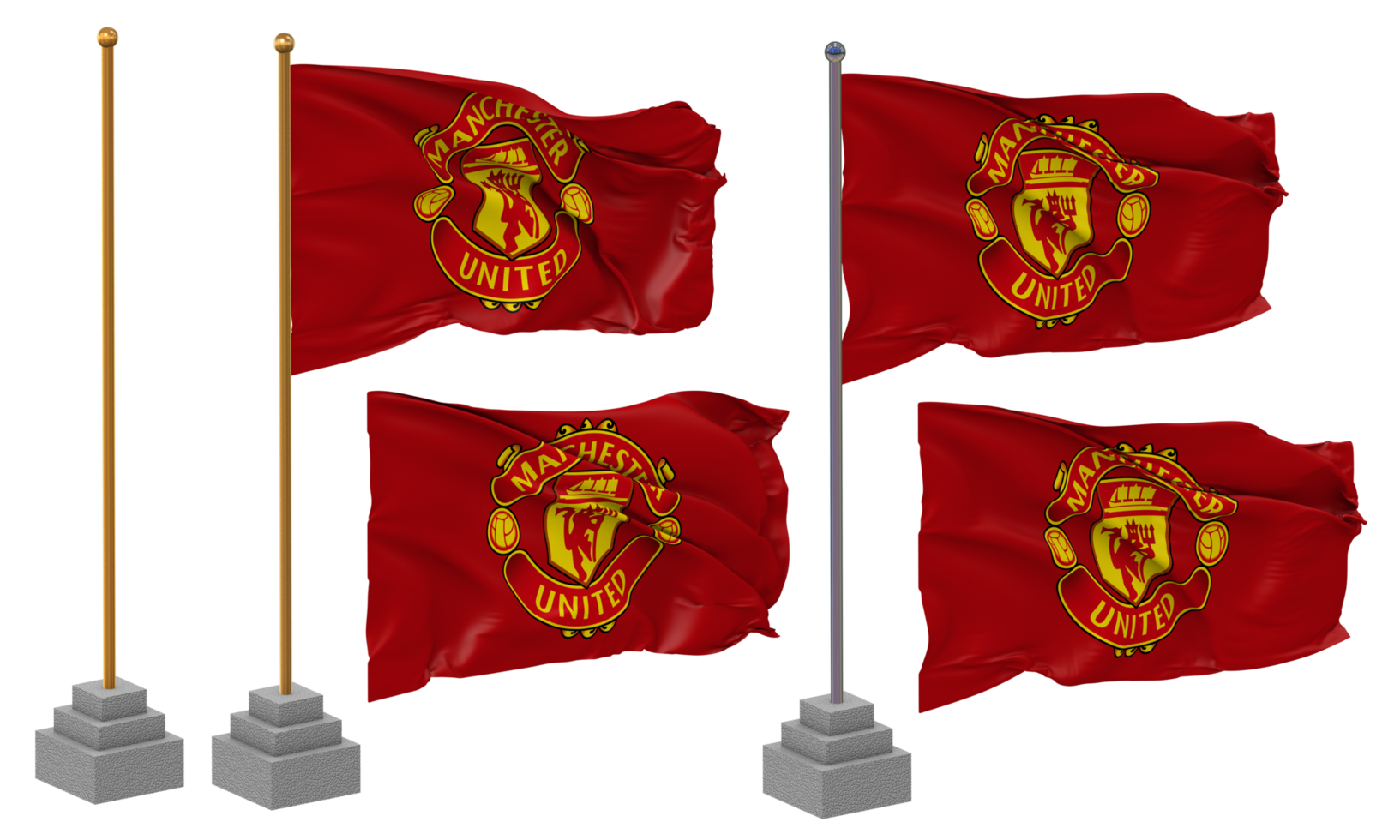 Manchester United Football Club Flag Waving Different Style With Stand Pole Isolated, 3D Rendering png