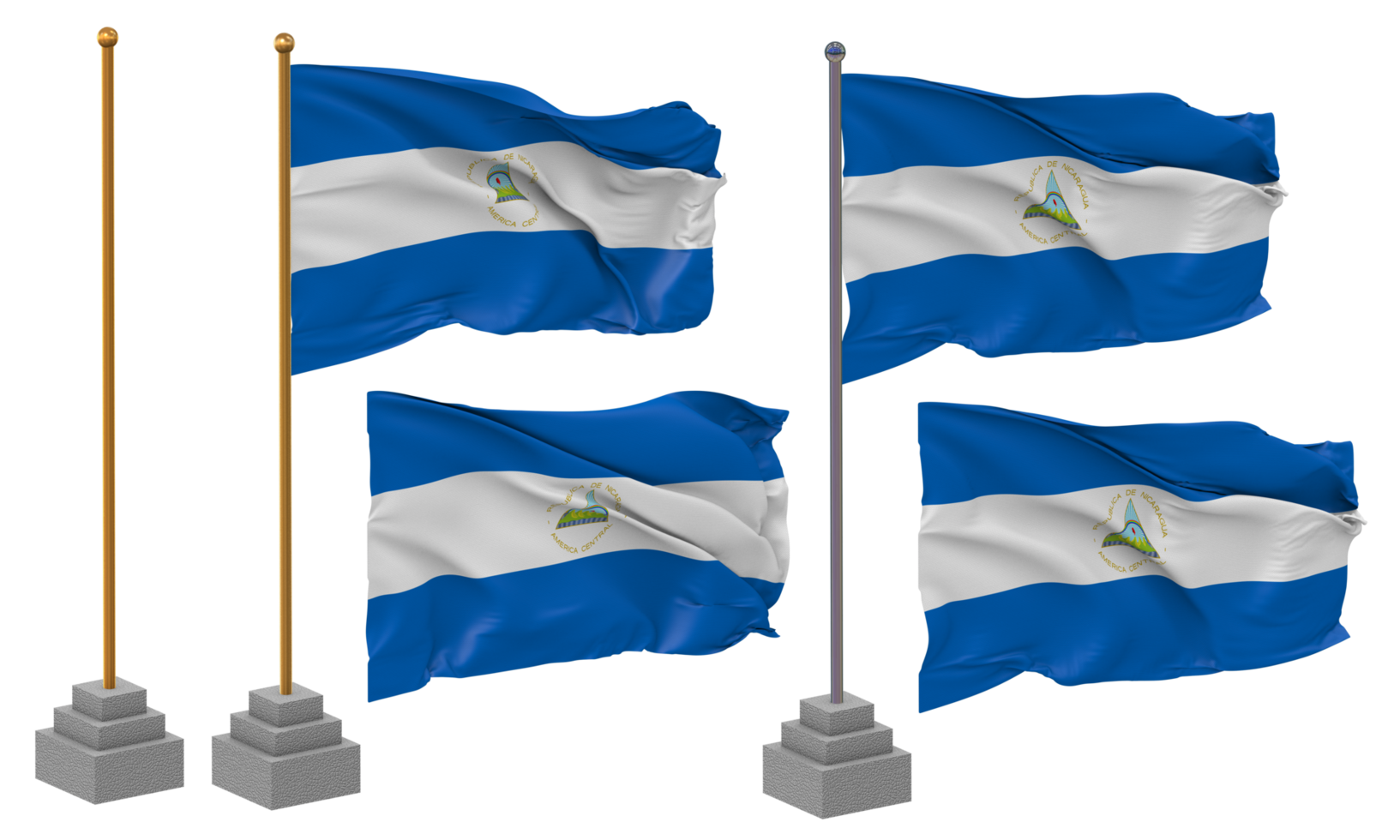 Nicaragua Flag Waving Different Style With Stand Pole Isolated, 3D Rendering png