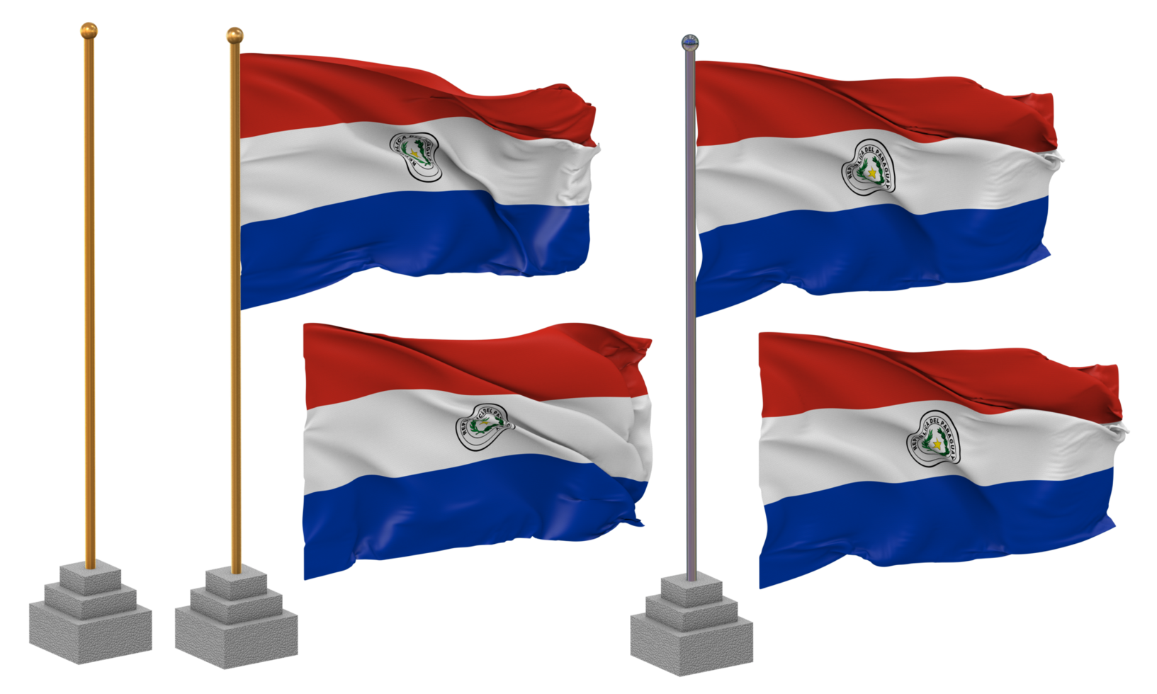 Paraguay Flag Waving Different Style With Stand Pole Isolated, 3D Rendering png