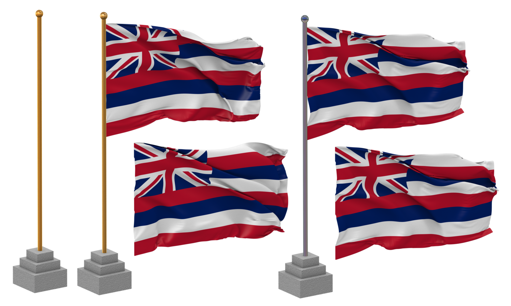 State of Hawaii Flag Waving, Stand, Pole, Isolated, 3d illustration, 3d rendering, Flag, Golden, png