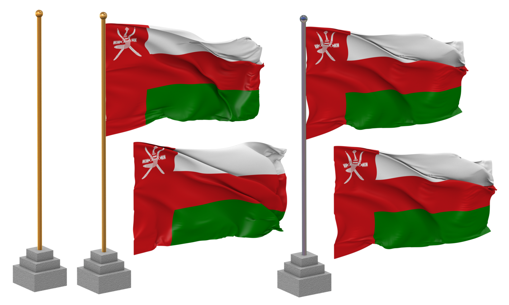 Oman Flag Waving Different Style With Stand Pole Isolated, 3D Rendering png