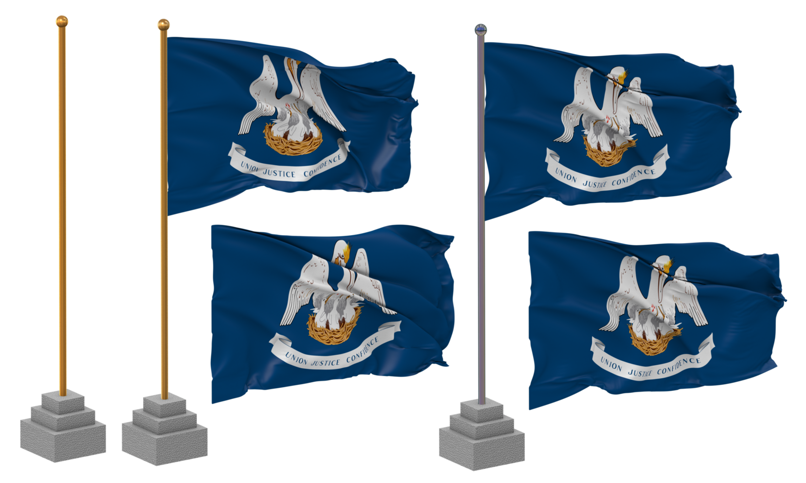 State of Louisiana Flag Waving, Stand, Pole, Isolated, 3d illustration, 3d rendering, Flag, Golden, png