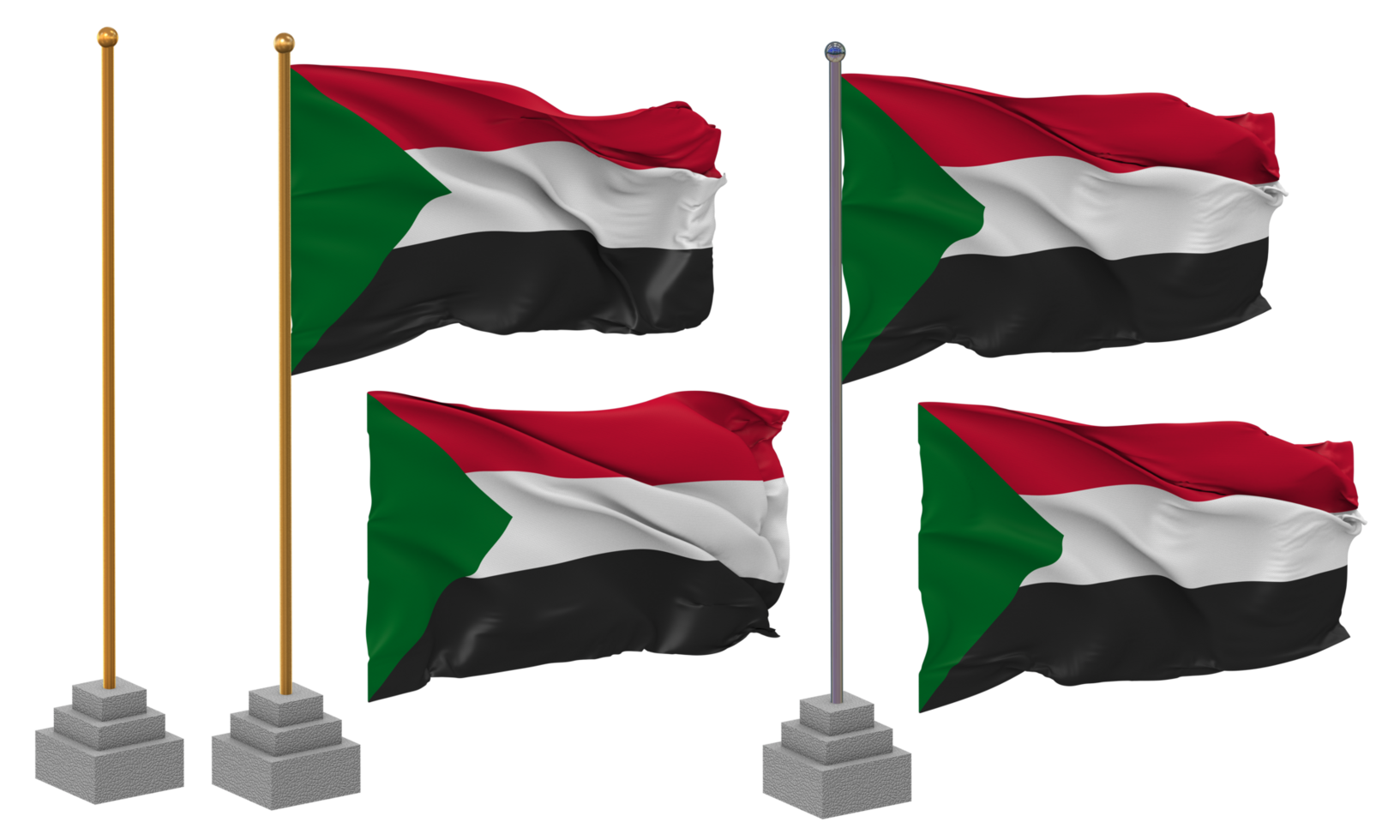 Sudan Flag Waving, Stand, Pole, Isolated, 3d illustration, 3d rendering, Flag, Golden, png