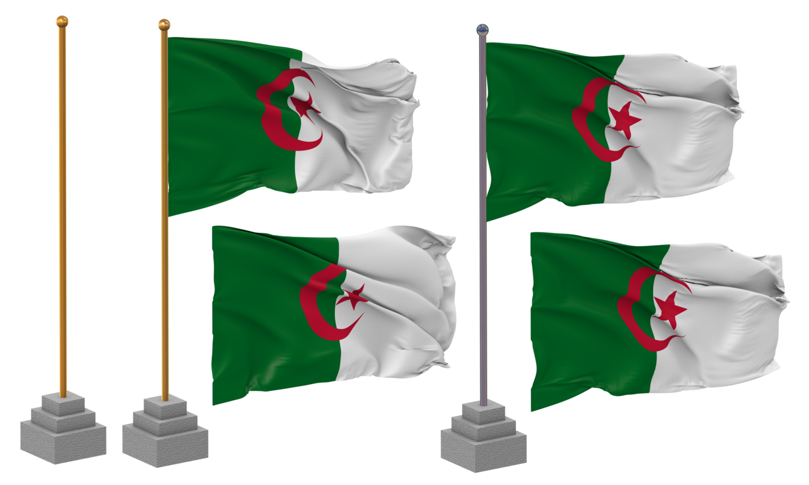 Algeria Flag Waving Different Style With Stand Pole Isolated, 3D Rendering png