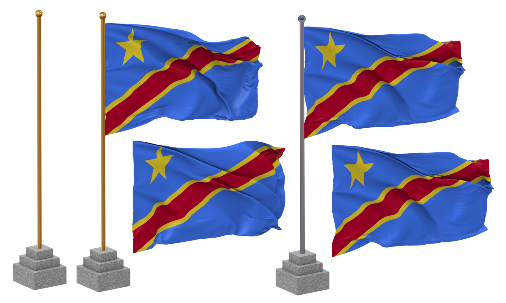 DR Congo Flag Waving Different Style With Stand Pole Isolated, 3D Rendering png