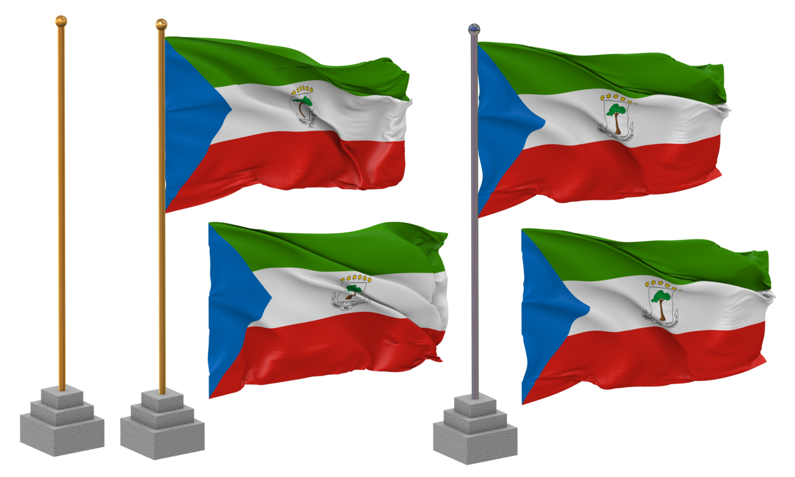 Equatorial Guinea Flag Waving Different Style With Stand Pole Isolated, 3D Rendering png