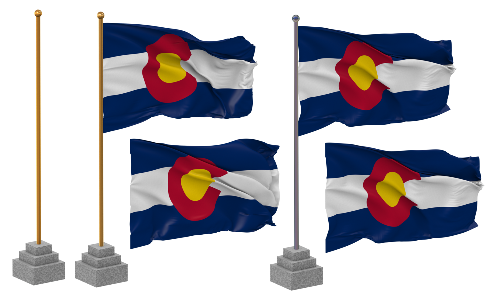 State of Colorado Flag Waving, Stand, Pole, Isolated, 3d illustration, 3d rendering, Flag, Golden, png
