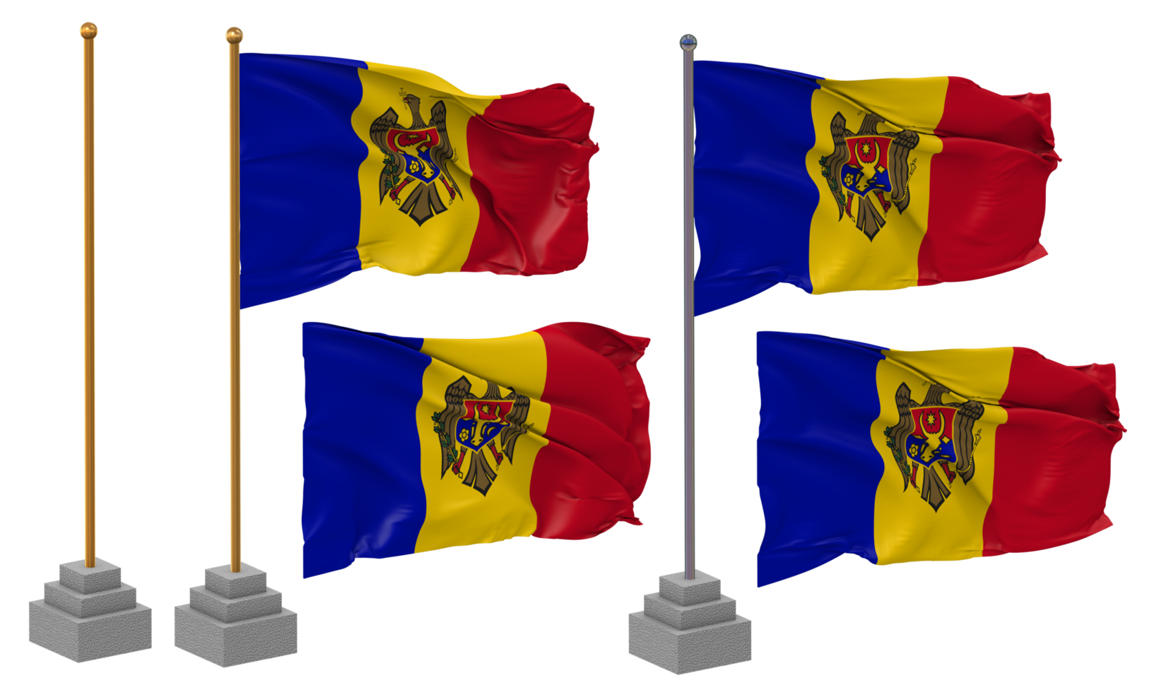 Moldova Flag Waving Different Style With Stand Pole Isolated, 3D Rendering png