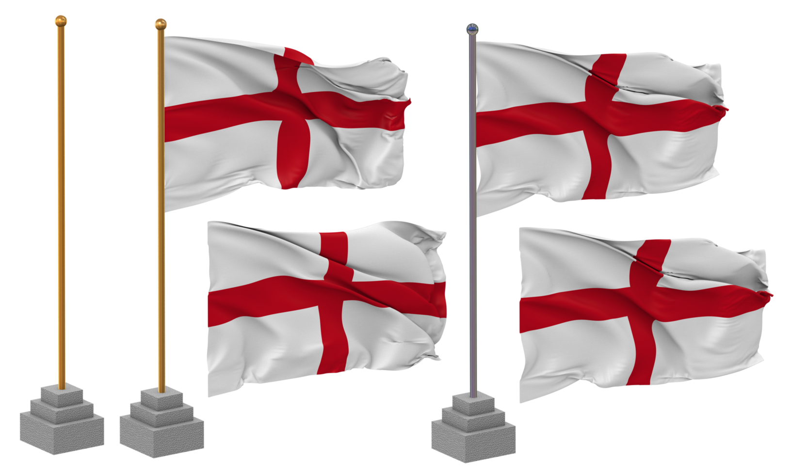 England Flag Waving Different Style With Stand Pole Isolated, 3D Rendering png