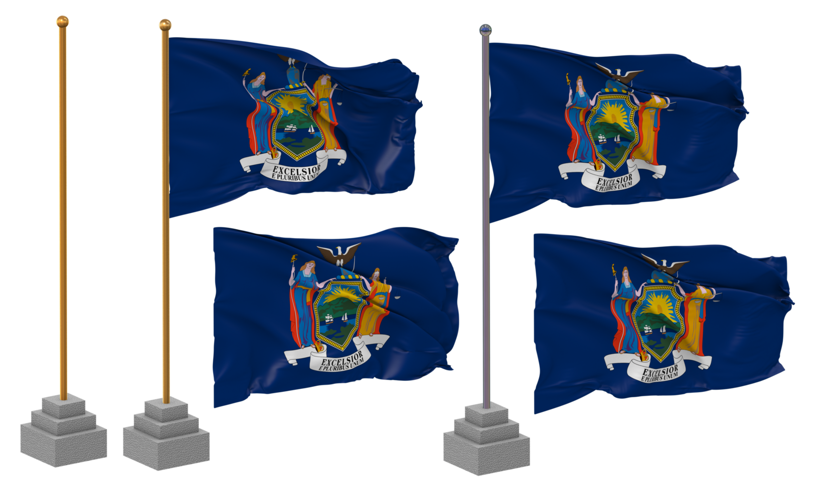 State of New York Flag Waving Different Style With Stand Pole Isolated, 3D Rendering png