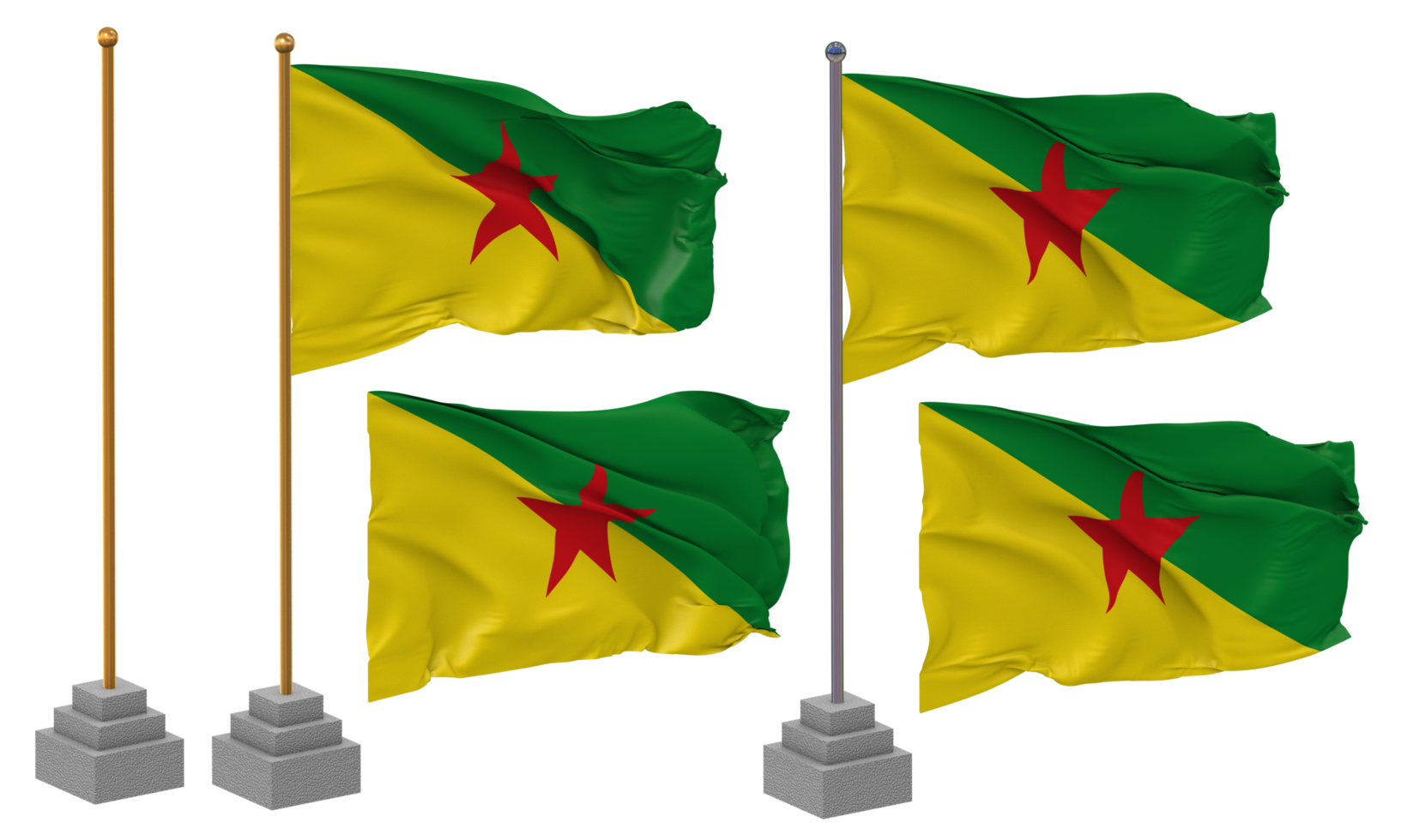 French Guiana Flag Waving Different Style With Stand Pole Isolated, 3D Rendering png