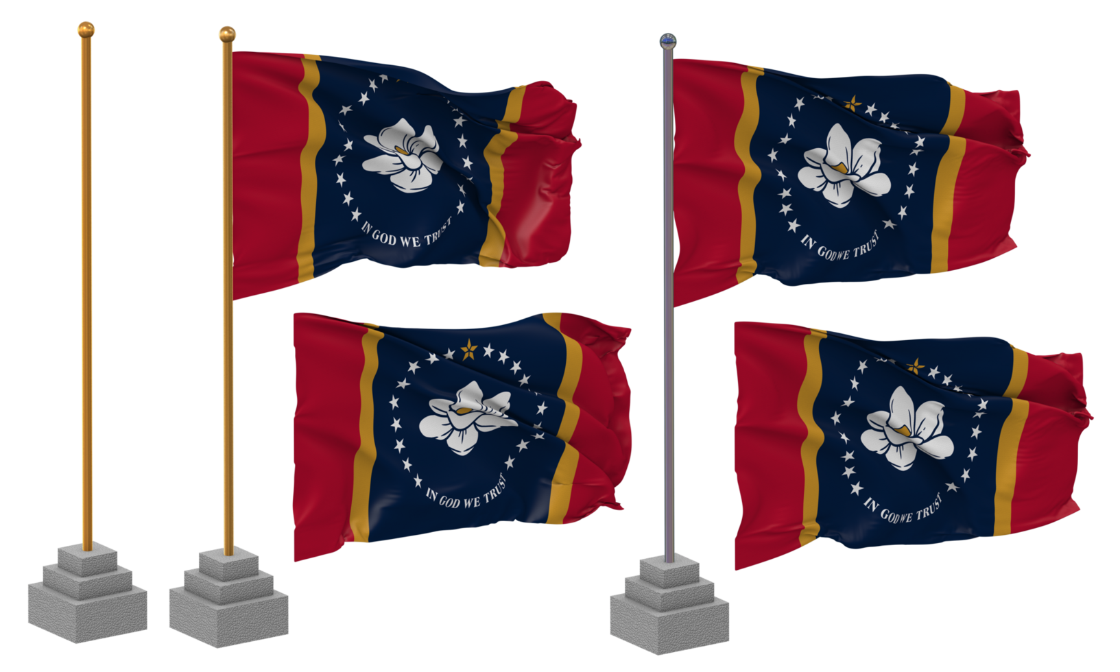 State of Mississippi Flag Waving Different Style With Stand Pole Isolated, 3D Rendering png