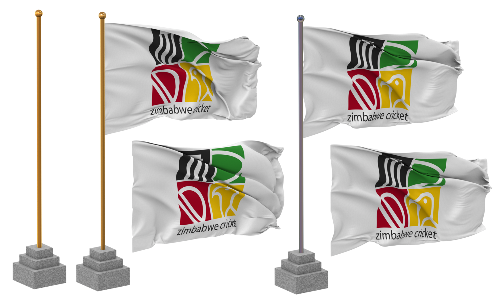 Zimbabwe Cricket, ZC Flag Waving Different Style With Stand Pole Isolated, 3D Rendering png