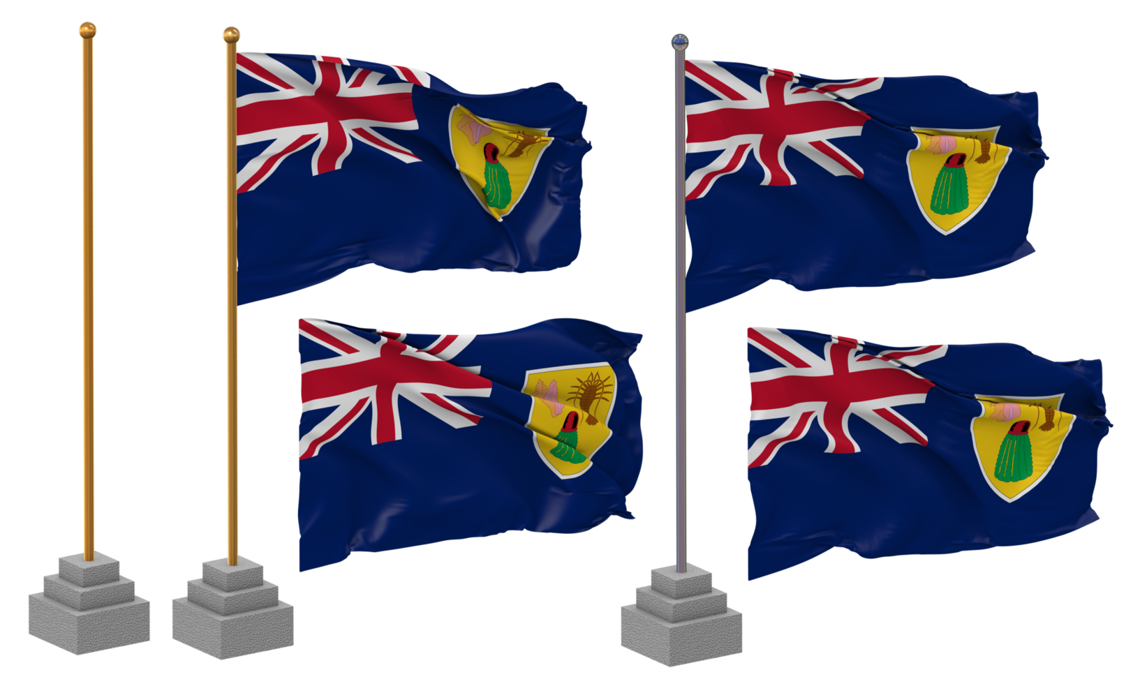 Turks and Caicos Islands, TCI Flag Waving, Stand, Pole, Isolated, 3d illustration, 3d rendering, Flag, Golden, png