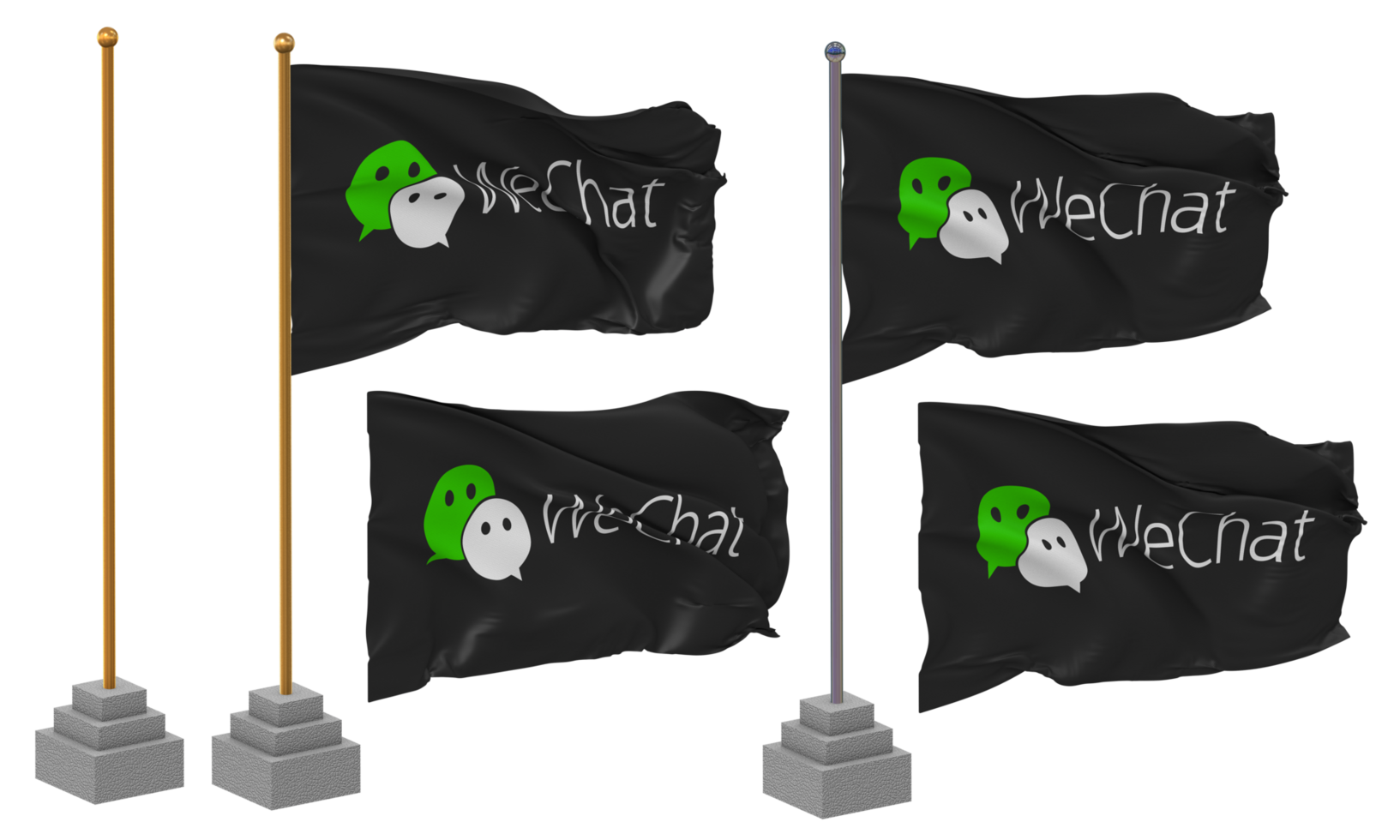 WeChat, Weixin Flag Waving Different Style With Stand Pole Isolated, 3D Rendering png