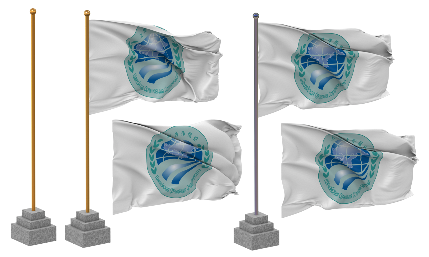 Shanghai Cooperation Organisation, SCO Flag Waving Different Style With Stand Pole Isolated, 3D Rendering png