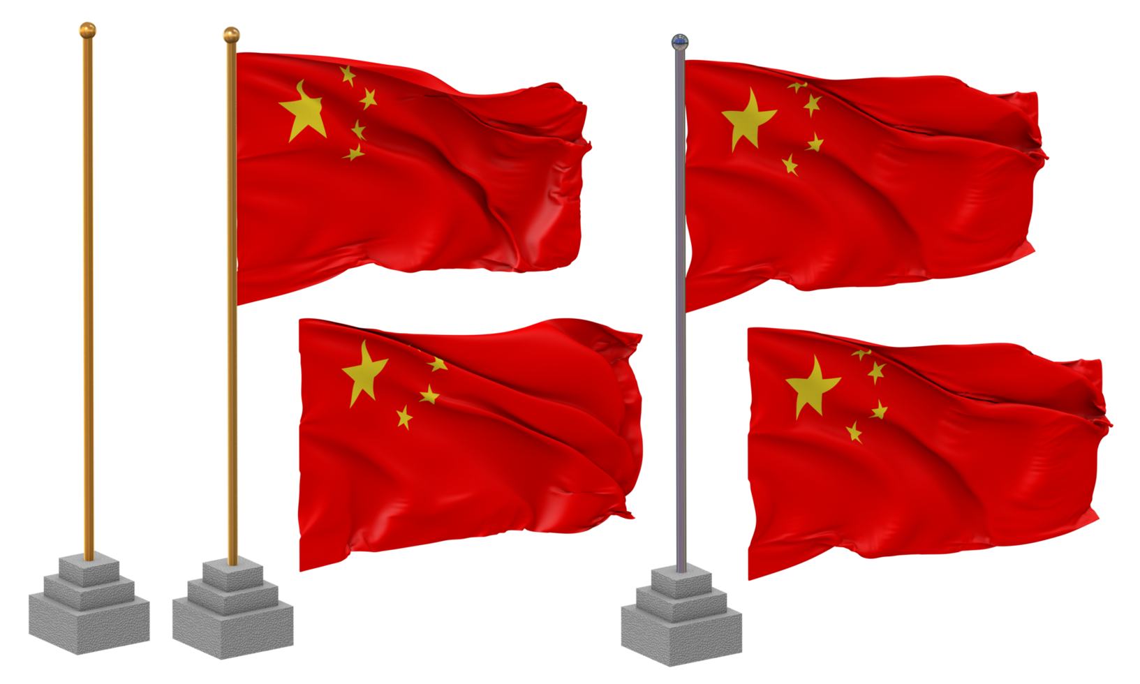 China Flag Waving Different Style With Stand Pole Isolated, 3D Rendering png