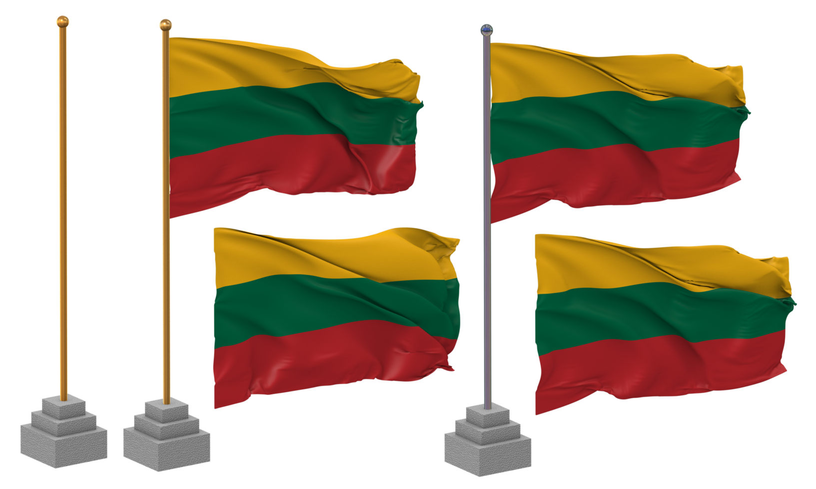 Lithuania Flag Waving Different Style With Stand Pole Isolated, 3D Rendering png