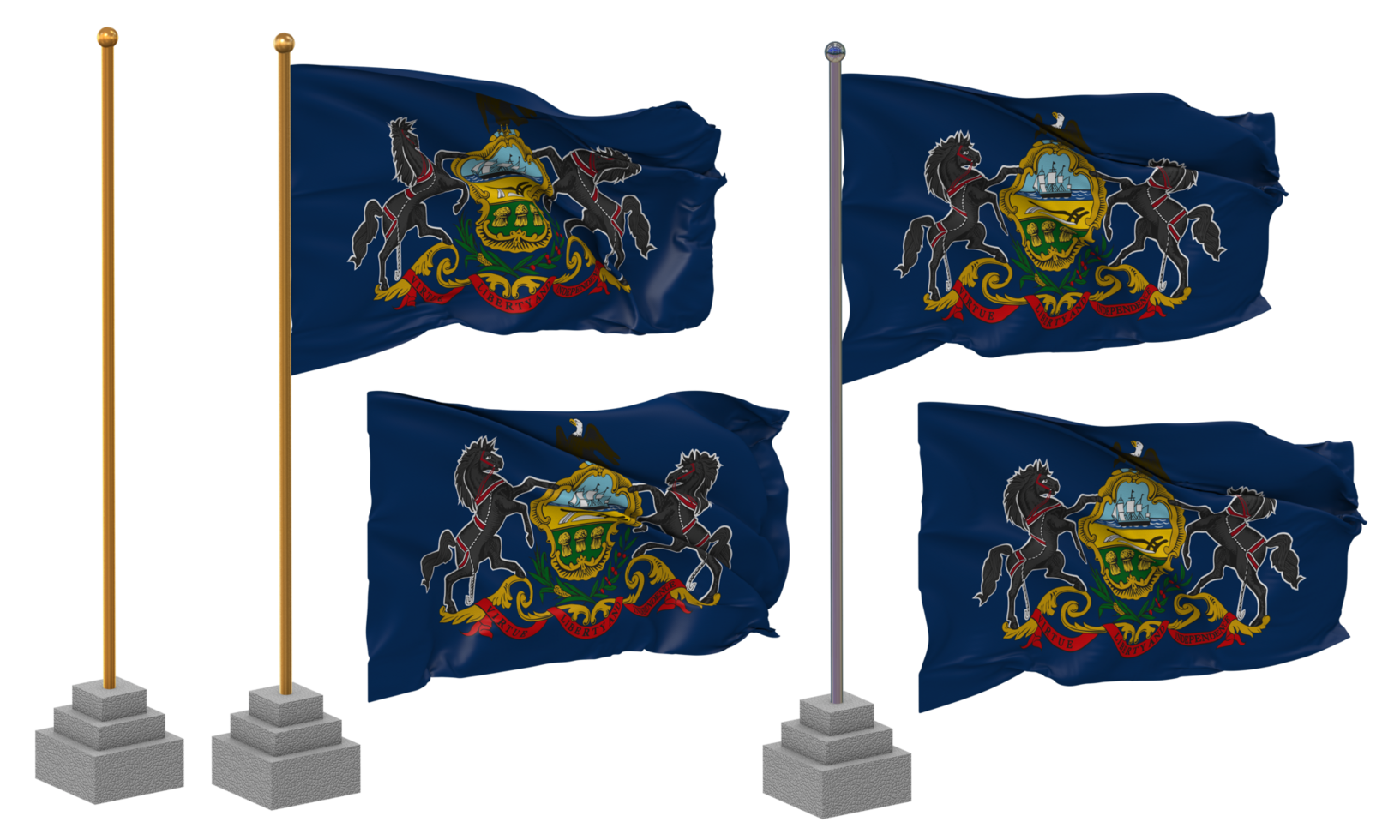 State of Pennsylvania Flag Waving, Stand, Pole, Isolated, 3d illustration, 3d rendering, Flag, Golden, png