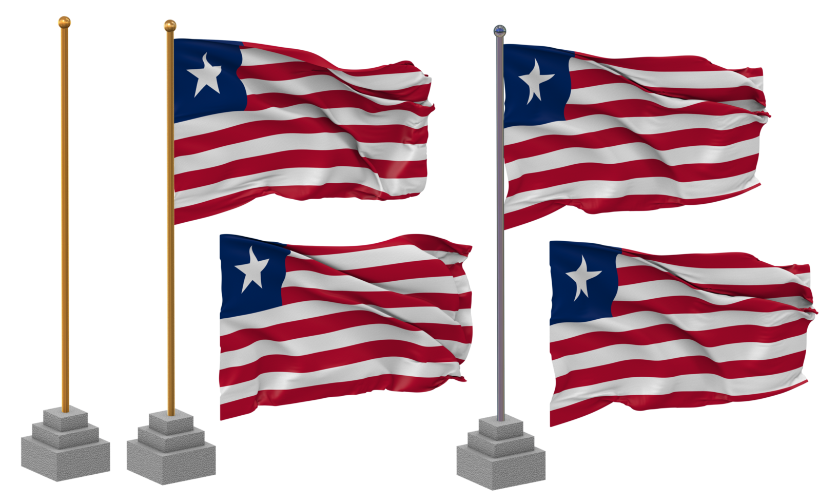 Liberia Flag Waving Different Style With Stand Pole Isolated, 3D Rendering png
