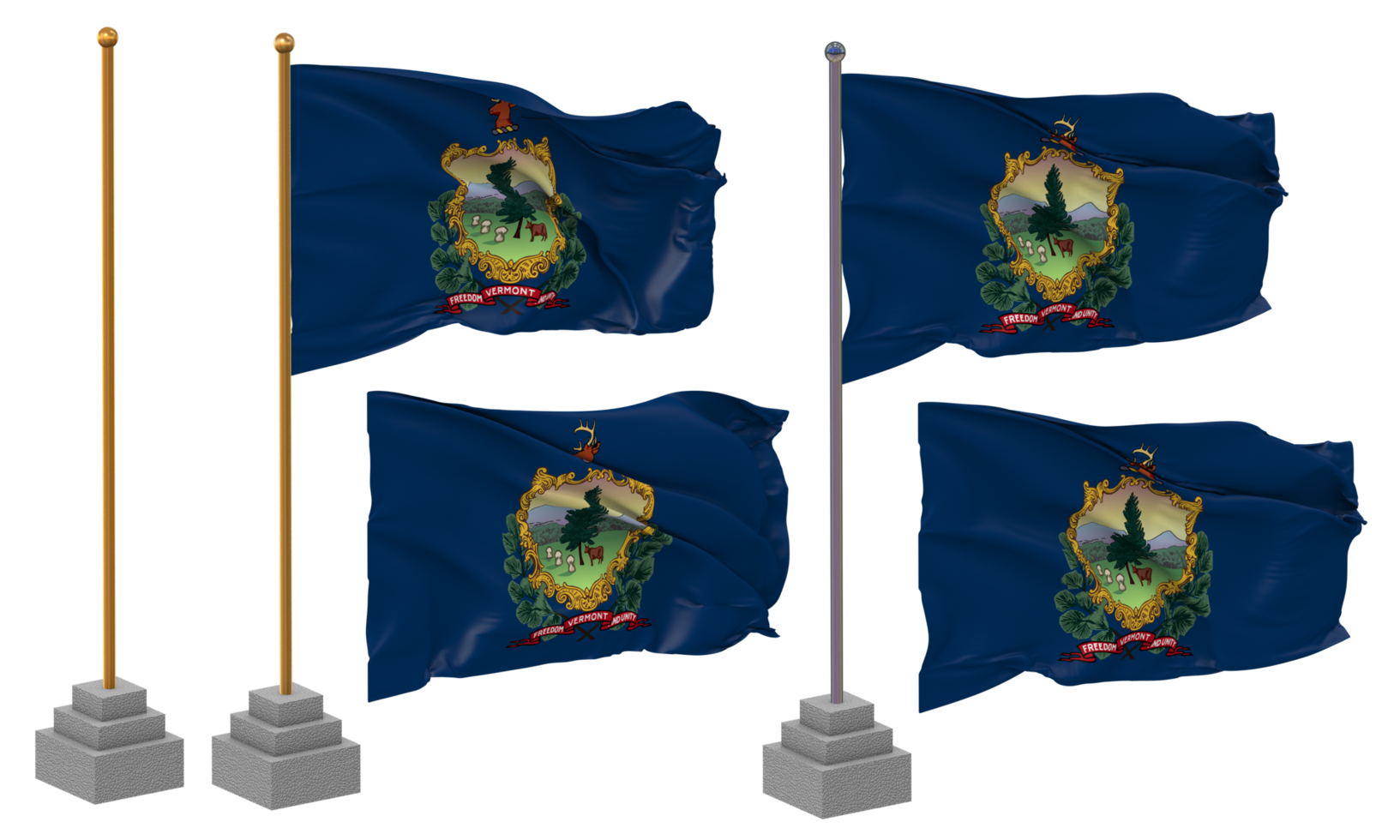 State of Vermont Flag Waving Different Style With Stand Pole Isolated, 3D Rendering png