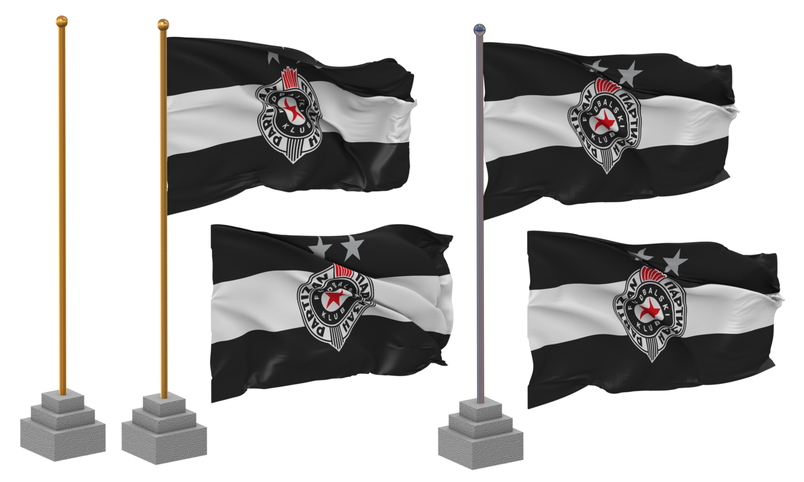 Fudbalski klub Partizan Flag Waving Different Style With Stand Pole Isolated, 3D Rendering png
