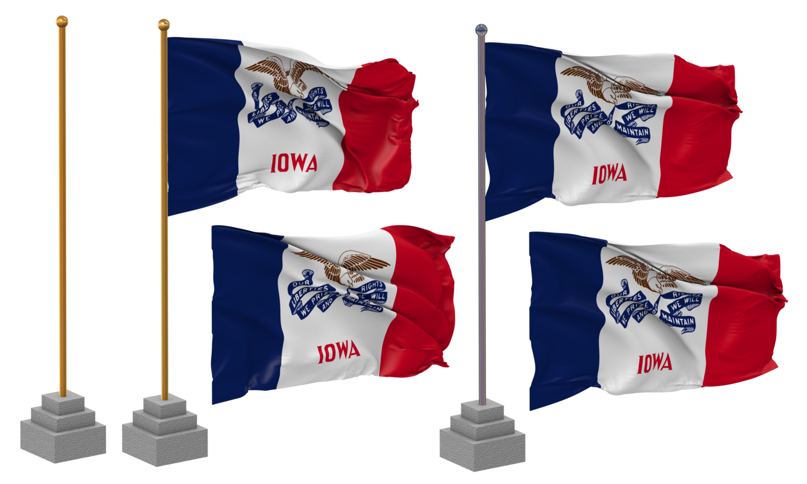 State of Iowa Flag Waving, Stand, Pole, Isolated, 3d illustration, 3d rendering, Flag, Golden, png