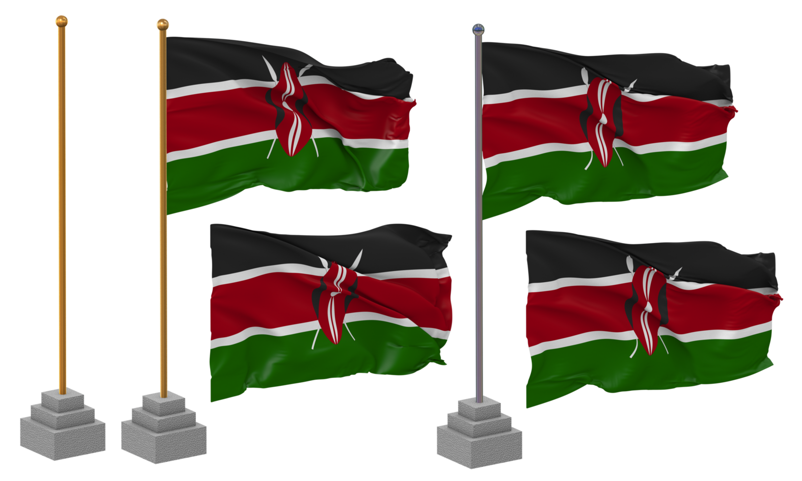 Kenya Flag Waving Different Style With Stand Pole Isolated, 3D Rendering png
