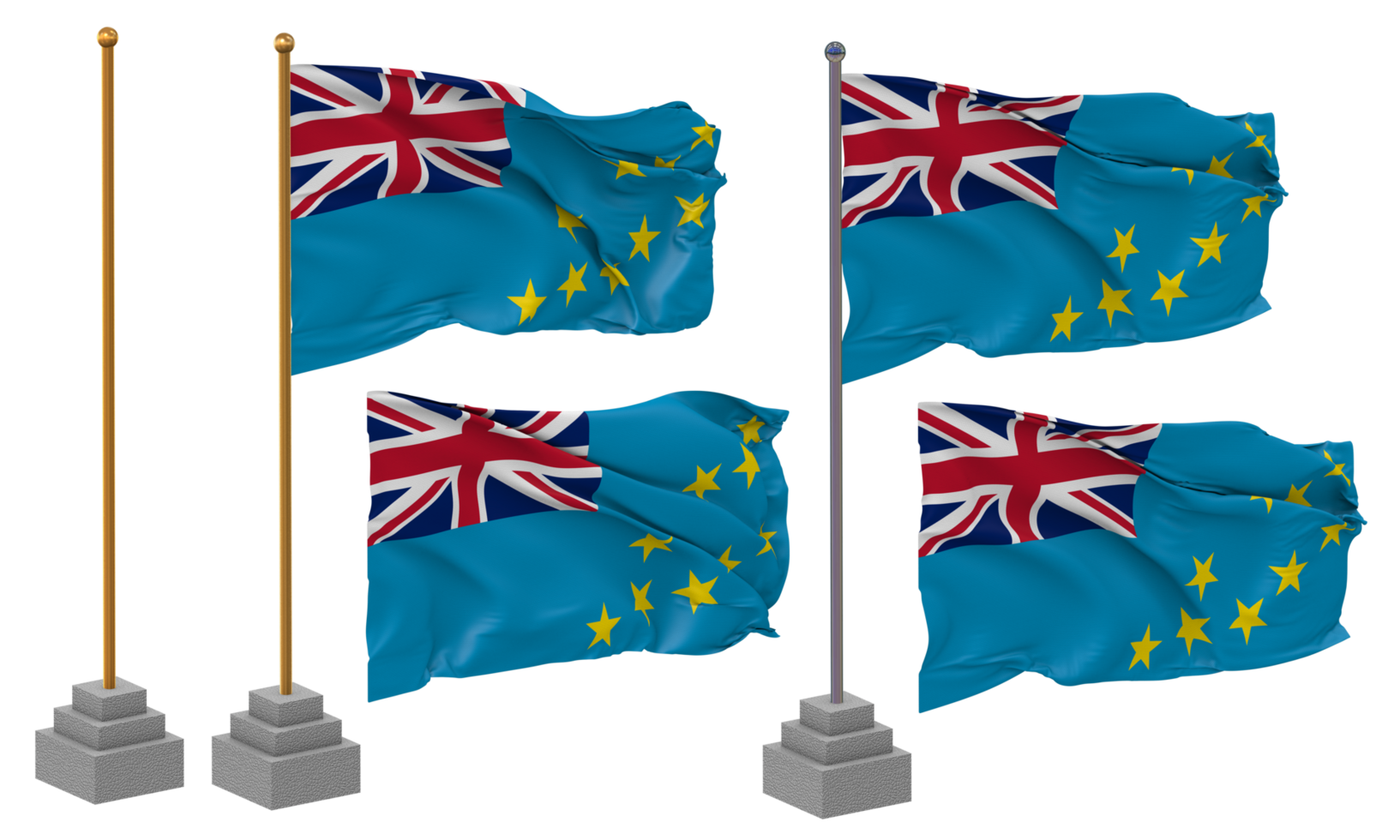 Tuvalu lag Waving, Stand, Pole, Isolated, 3d illustration, 3d rendering, Flag, Golden, png