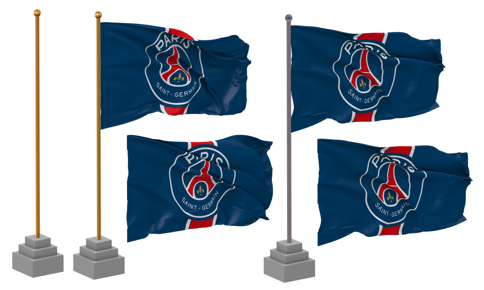 Paris Saint Germain Football Club Flag Waving Different Style With Stand Pole Isolated, 3D Rendering png