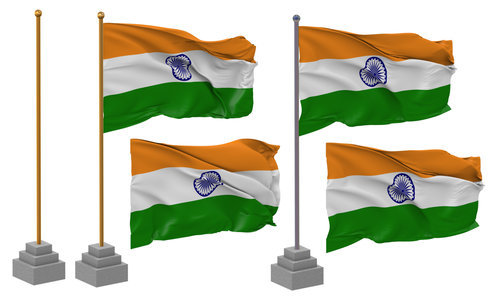 Inde drapeau agitant différent style avec supporter pôle isolé, 3d le rendu png