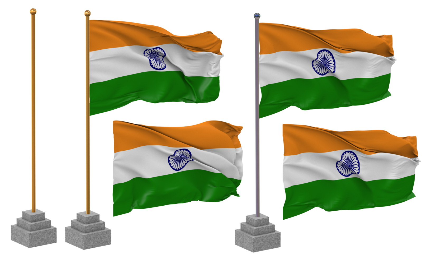 India Flag Waving Different Style With Stand Pole Isolated, 3D Rendering png