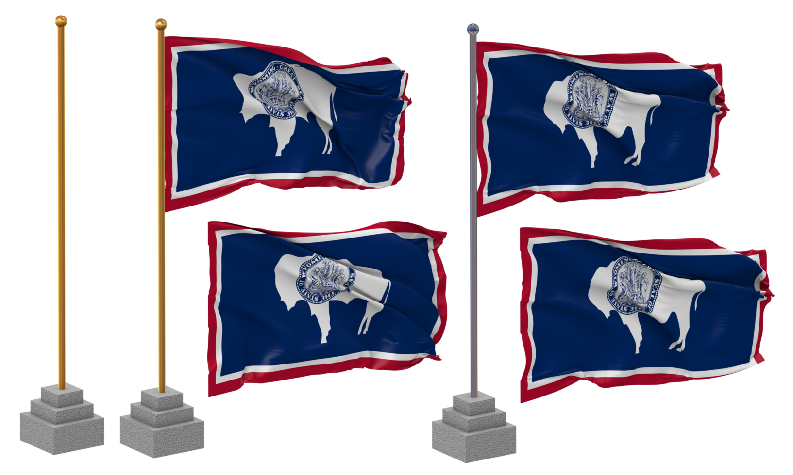 State of Wyoming Flag Waving Different Style With Stand Pole Isolated, 3D Rendering png