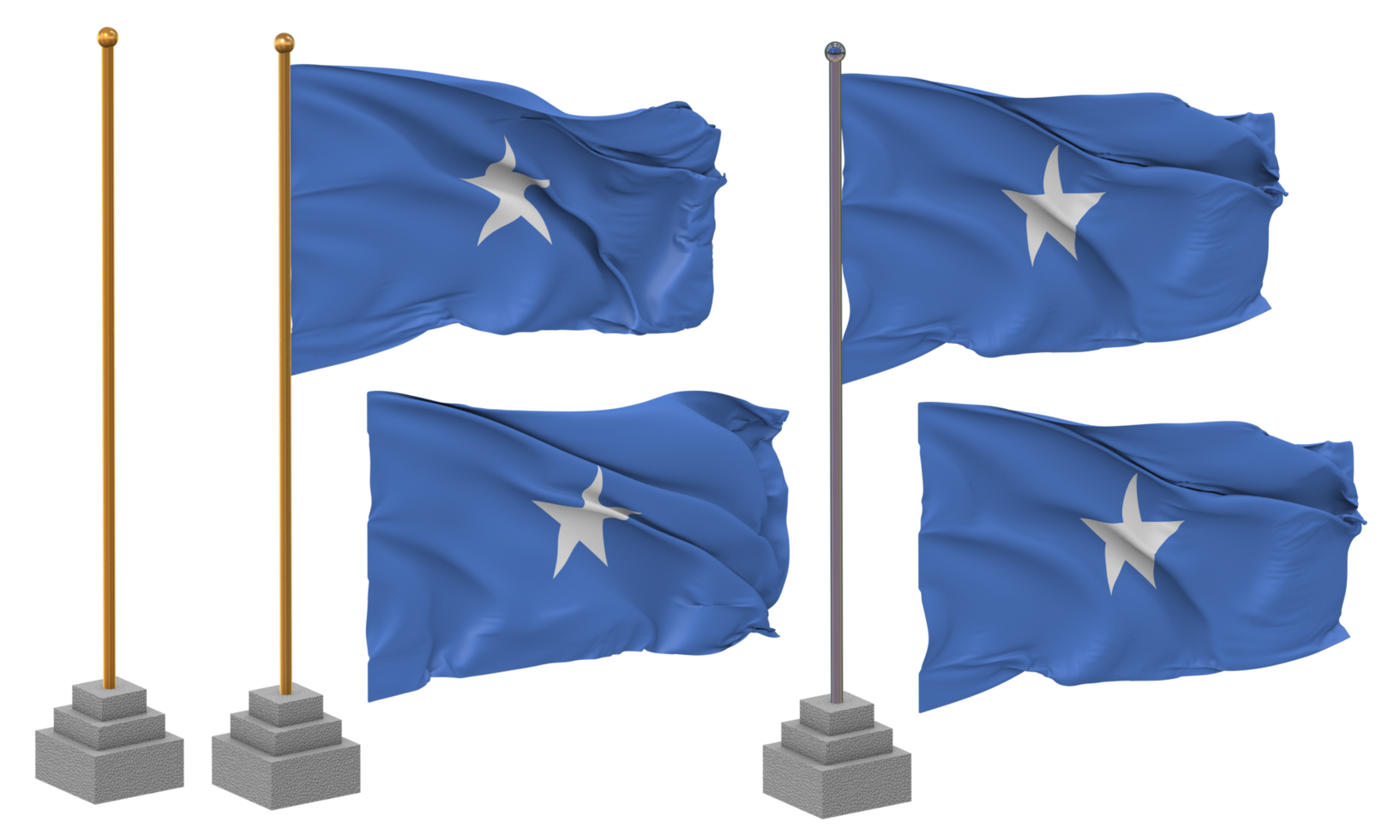 Somalia Flag Waving, Stand, Pole, Isolated, 3d illustration, 3d rendering, Flag, Golden, png