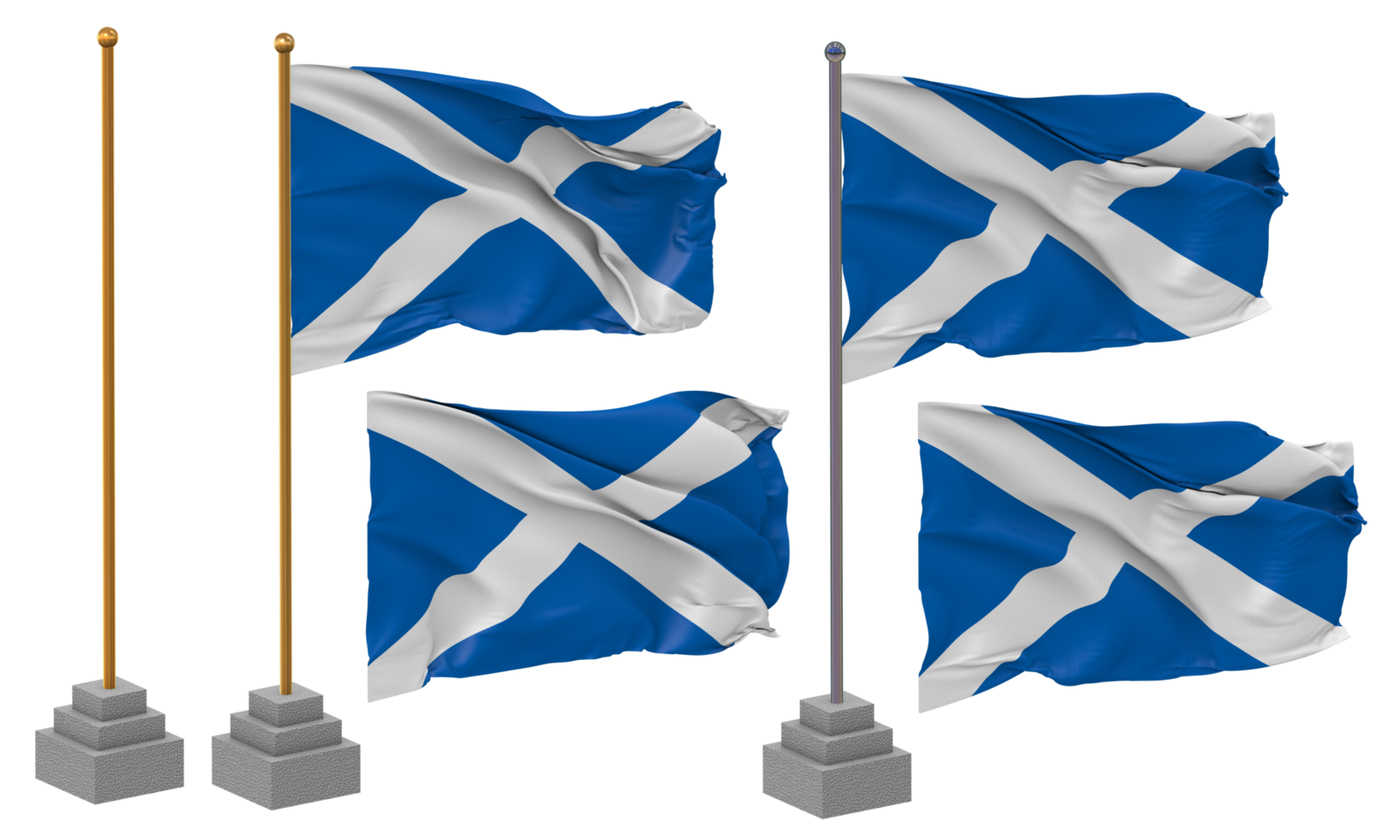 Scotland Flag Waving, Stand, Pole, Isolated, 3d illustration, 3d rendering, Flag, Golden, png