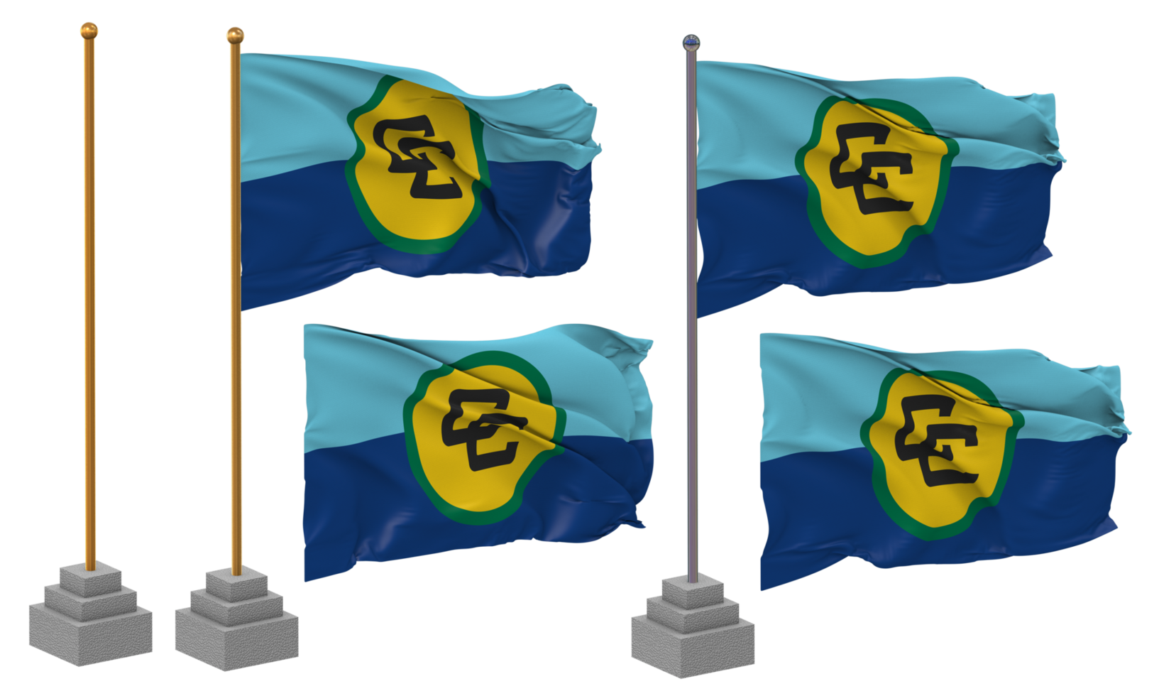 Caribbean Community, CARICOM Flag Waving Different Style With Stand Pole Isolated, 3D Rendering png