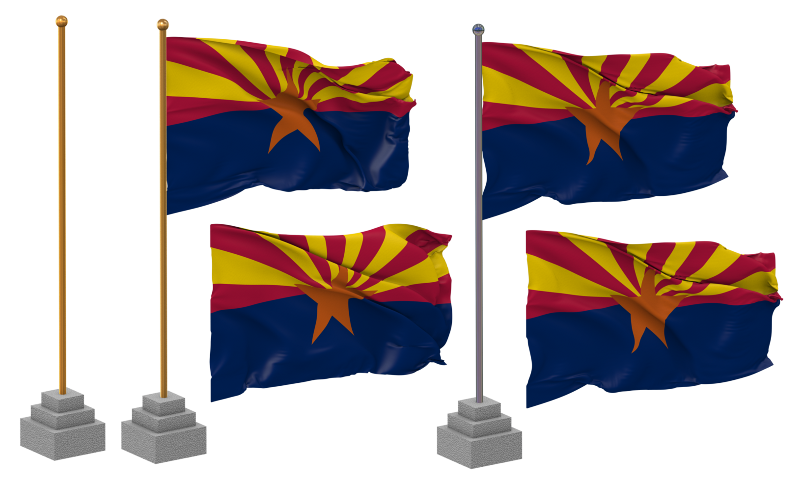 State of Arizona Flag Waving, Stand, Pole, Isolated, 3d illustration, 3d rendering, Flag, Golden, png