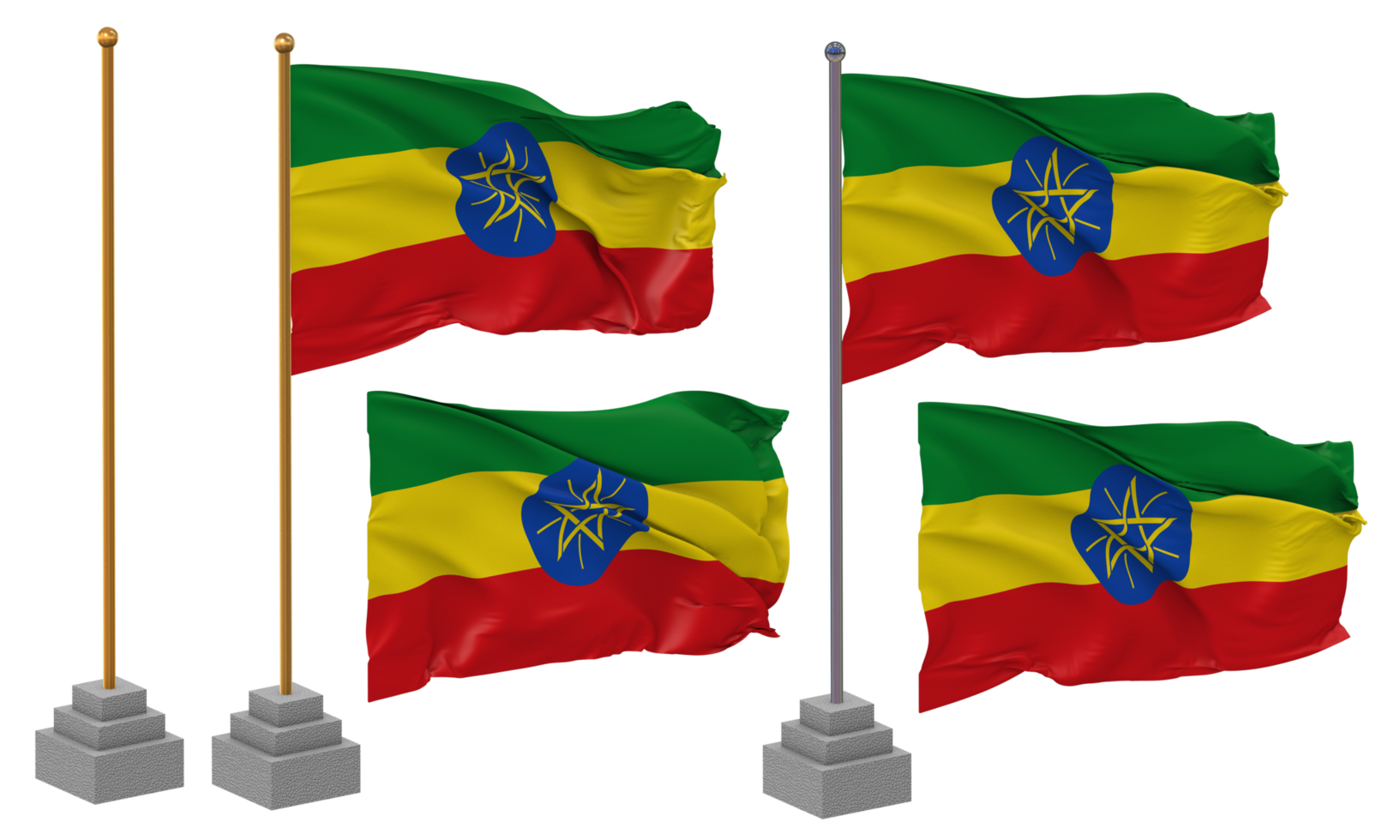Ethiopia Flag Waving Different Style With Stand Pole Isolated, 3D Rendering png