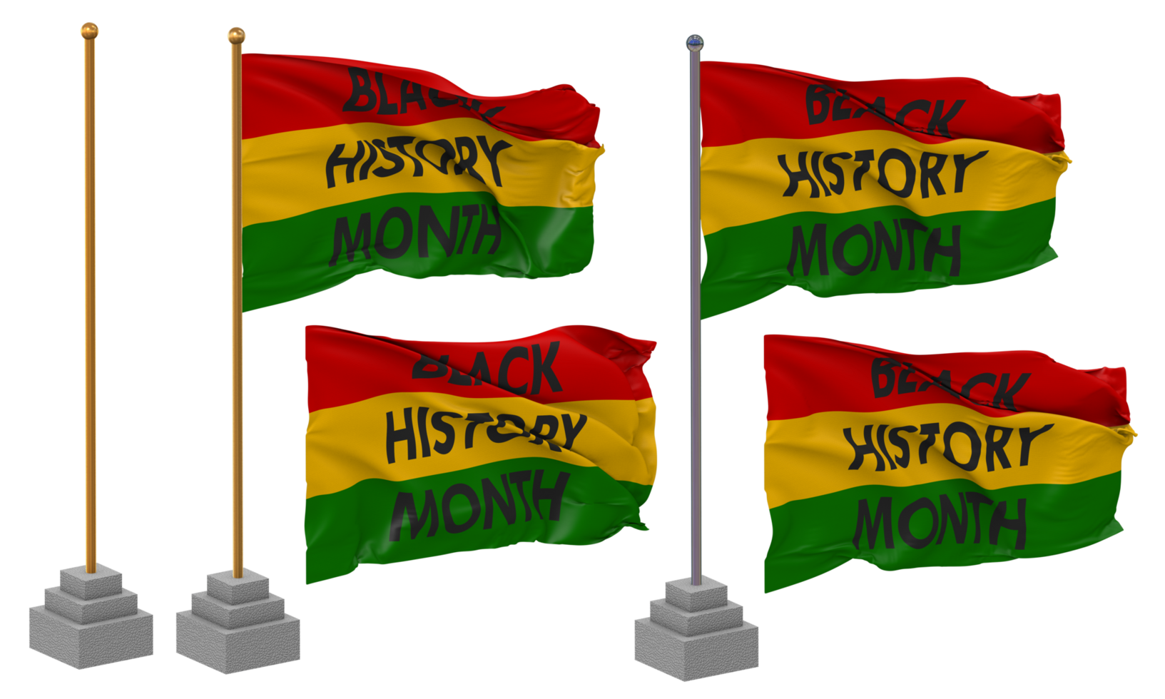 Black History Month Flag Waving Different Style With Stand Pole Isolated, 3D Rendering png