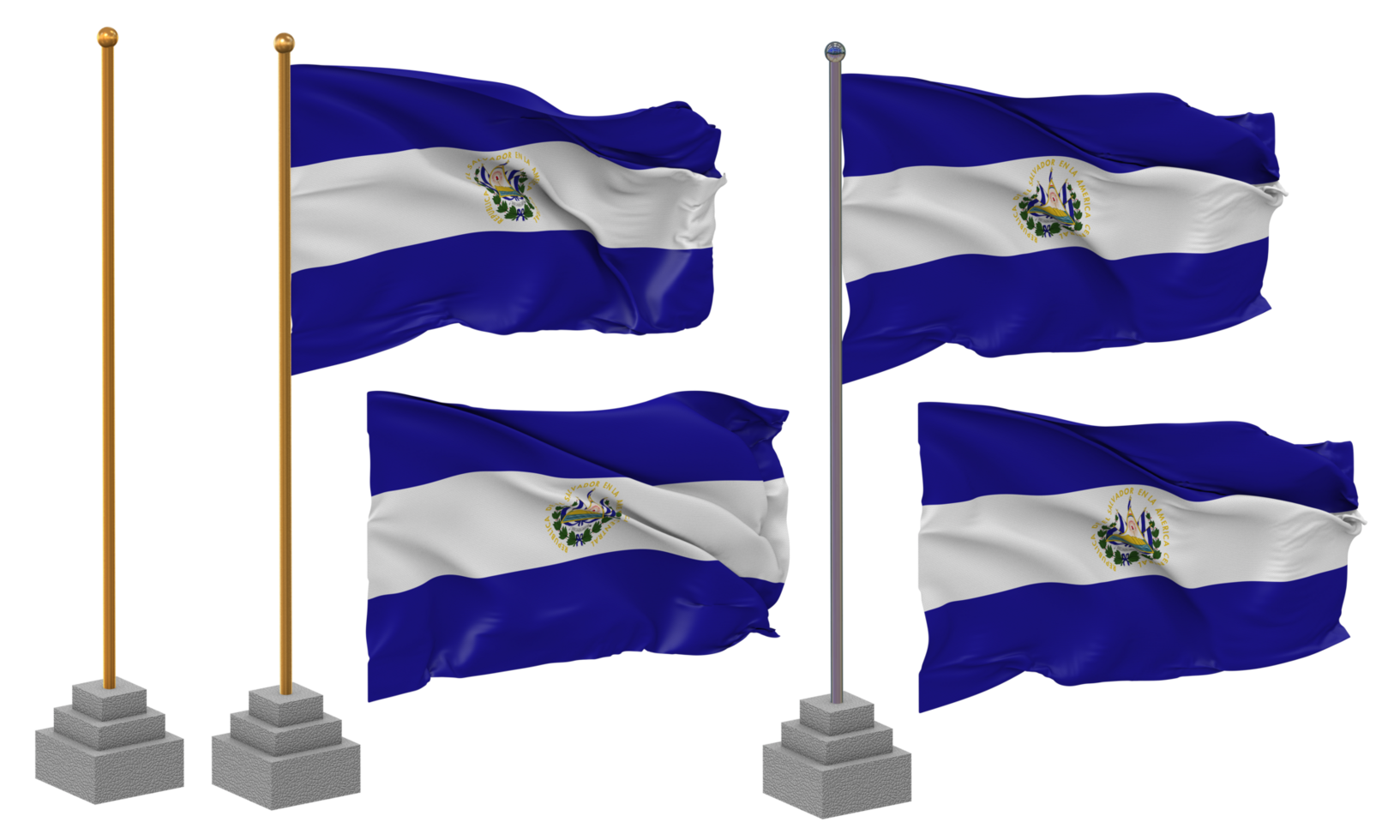 El Salvador Flag Waving Different Style With Stand Pole Isolated, 3D Rendering png