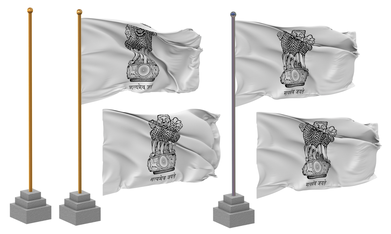 Emblem India Flag Waving Different Style With Stand Pole Isolated, 3D Rendering png