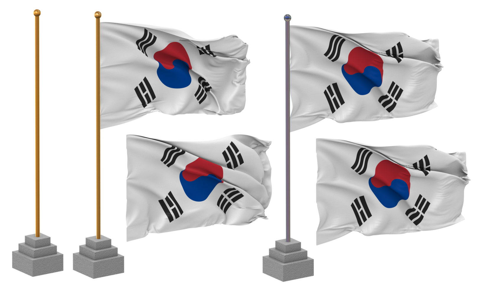 South Korea Flag Waving, Stand, Pole, Isolated, 3d illustration, 3d rendering, Flag, Golden, png