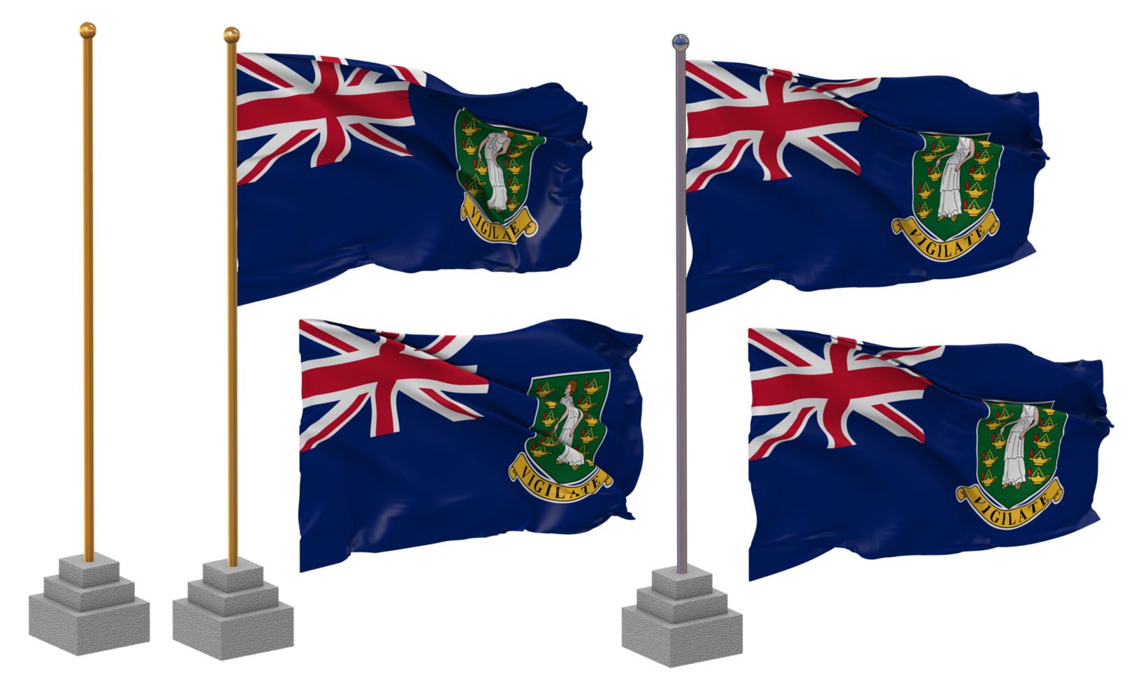 British Virgin Islands, BVI Flag Waving, Stand, Pole, Isolated, 3d illustration, 3d rendering, Flag, Golden, png
