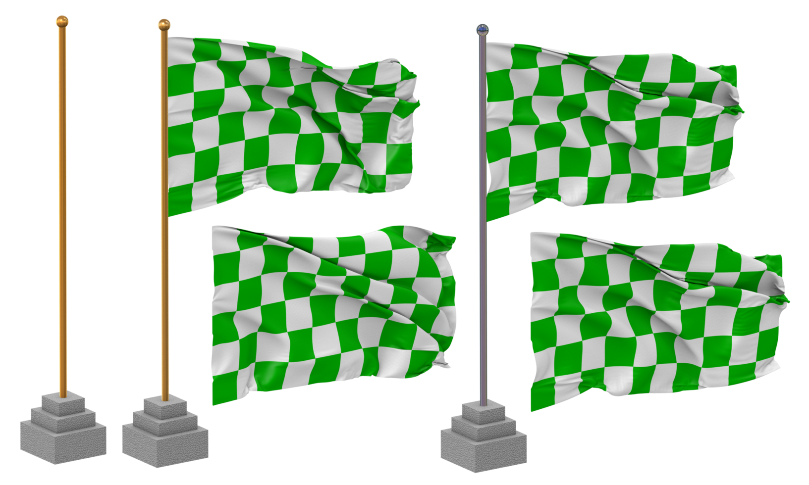 Racing Green and White Checkered Flag Waving Different Style With Stand Pole Isolated, 3D Rendering png