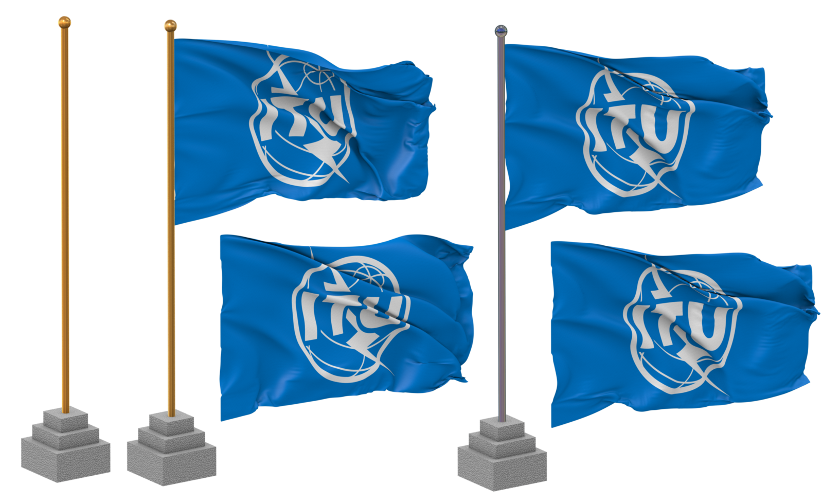 International Telecommunication Union, ITU Flag Waving Different Style With Stand Pole Isolated, 3D Rendering png