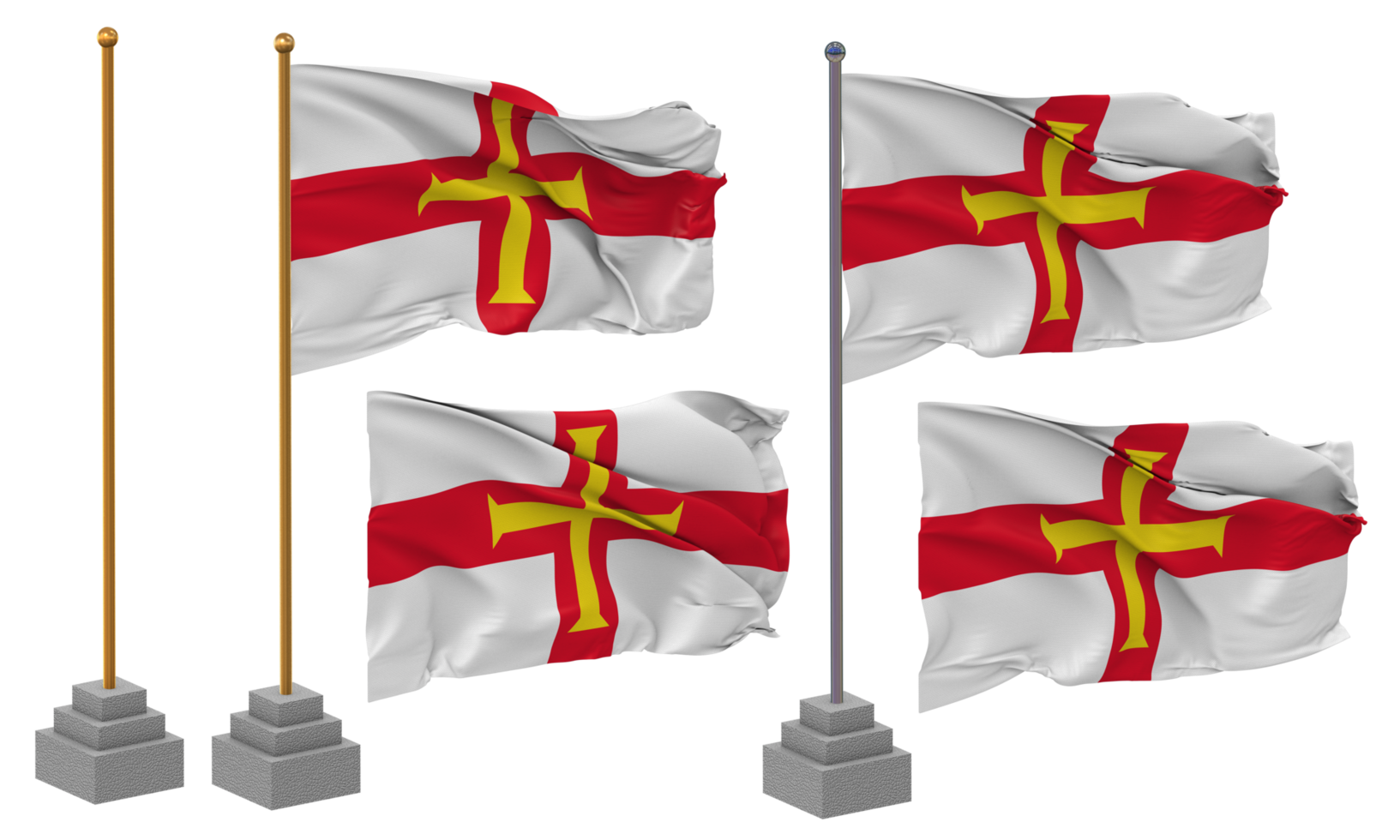 Guernsey Flag Waving, Stand, Pole, Isolated, 3d illustration, 3d rendering, Flag, Golden, png