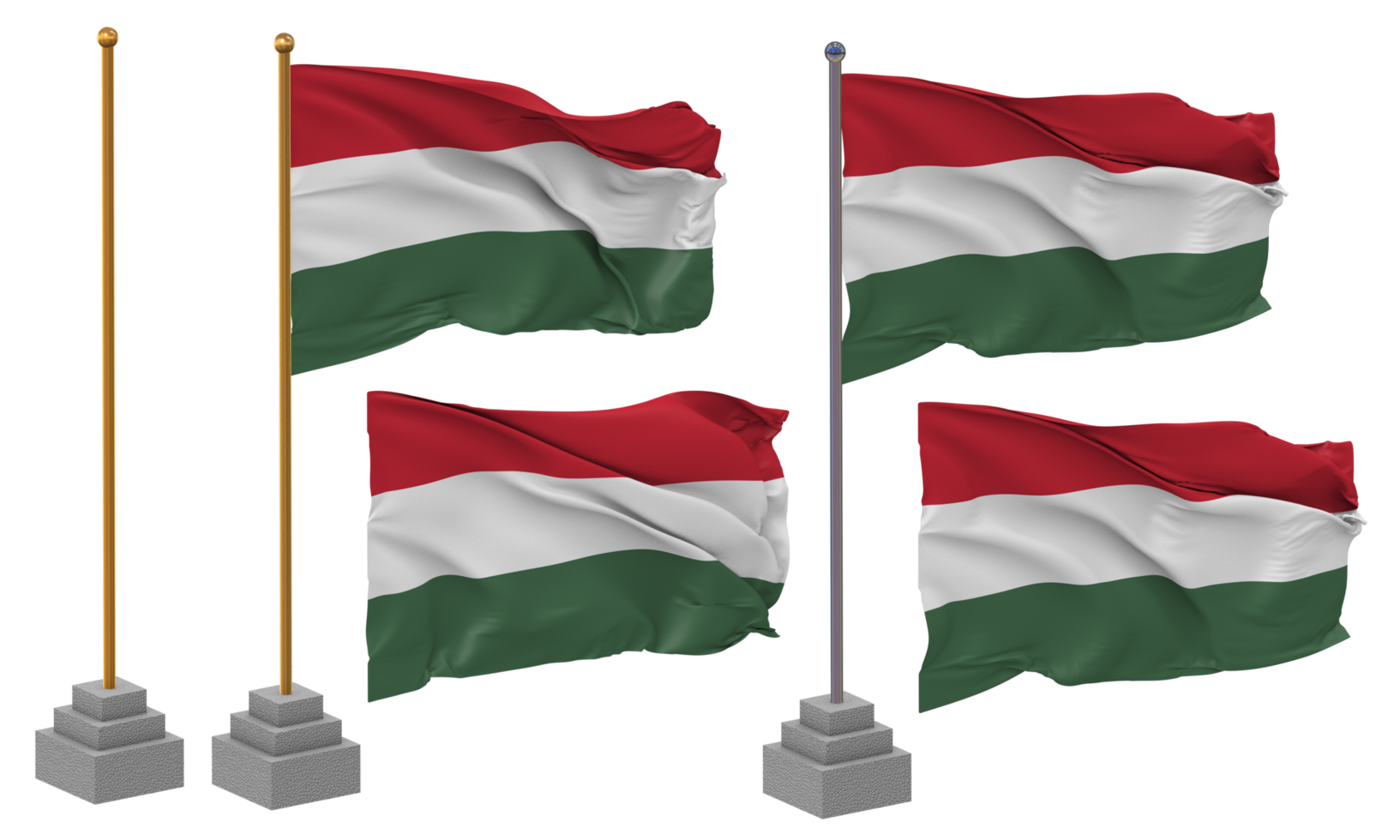 Hungary Flag Waving Different Style With Stand Pole Isolated, 3D Rendering png