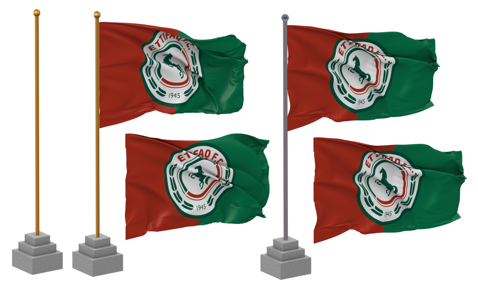 Al Ettifaq Football Club Flag Waving Different Style With Stand Pole Isolated, 3D Rendering png
